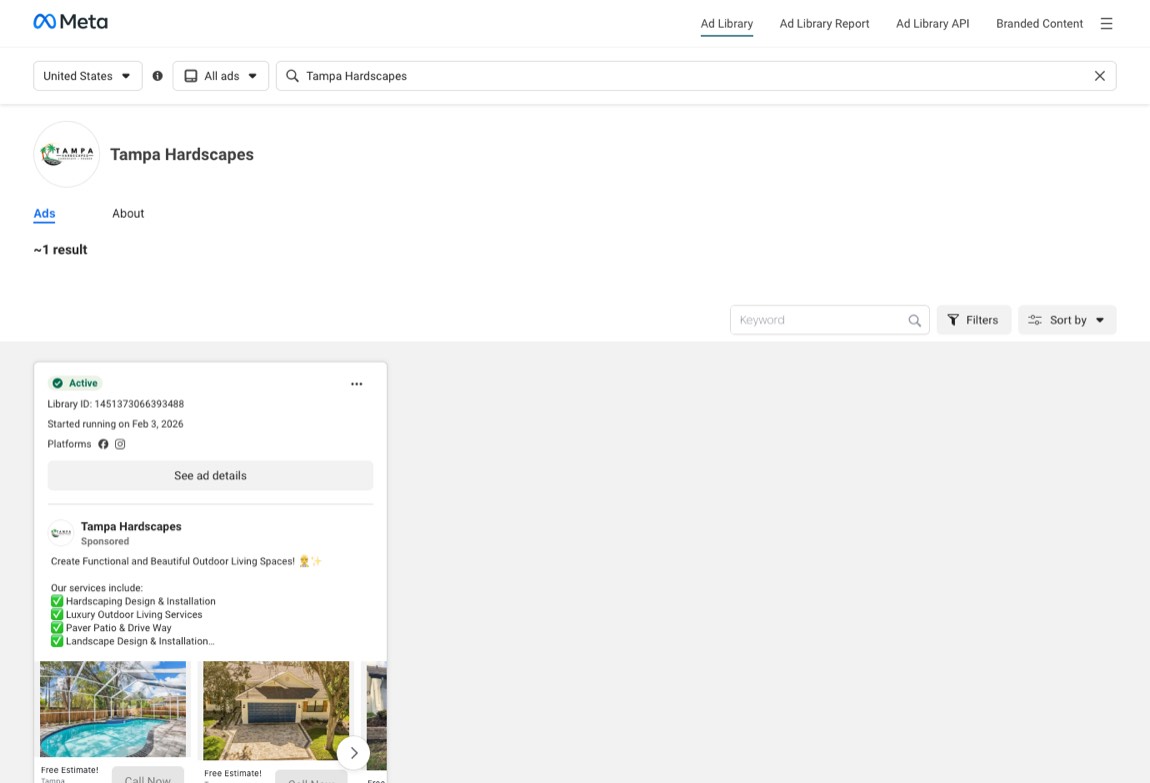 Meta Ad Library, Tampa Hardscapes page, United States, August 13, 2026