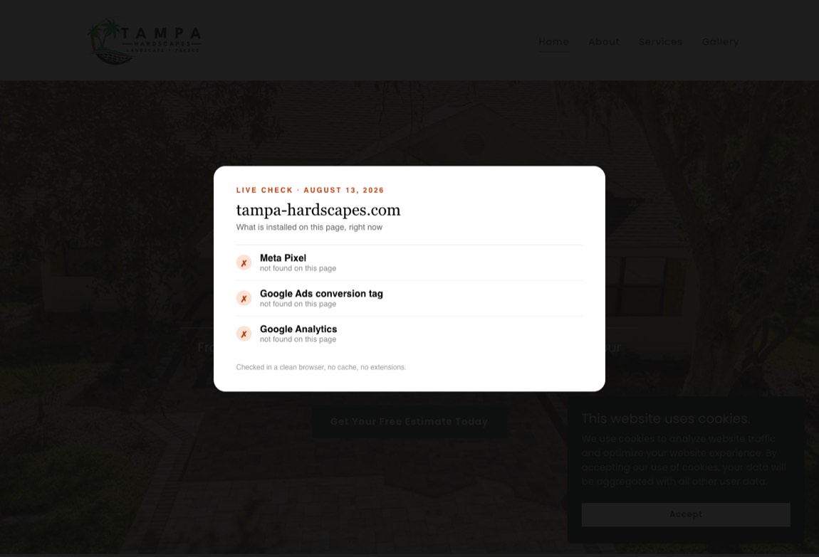 Checked live on tampa-hardscapes.com in a clean browser, August 13, 20